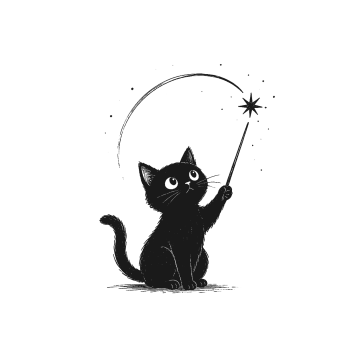 Ink drawing of a black cat holding a magic wand.