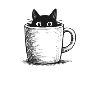 Ink drawing of a black cat peeking from a mug.