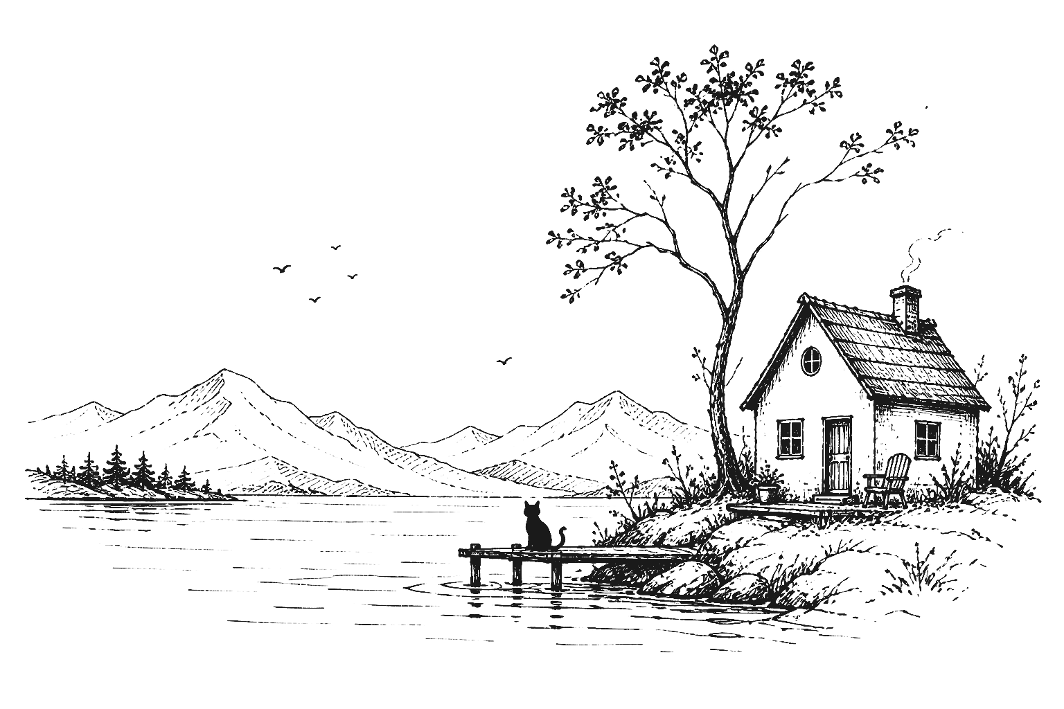 Ink drawing of a tiny house by a lake with a black cat sitting on a dock.