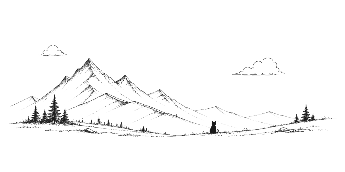 Ink drawing of a quiet mountain valley with a small black cat.